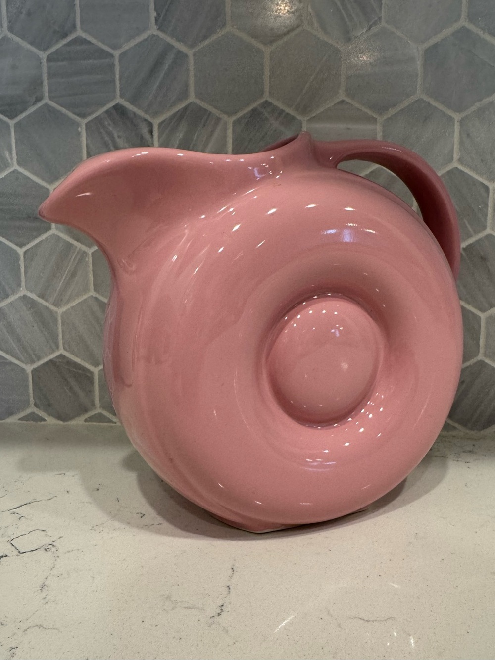 Vintage Hall China Pink Donut Pitcher, Art Deco MCM Pottery Water Jug USA